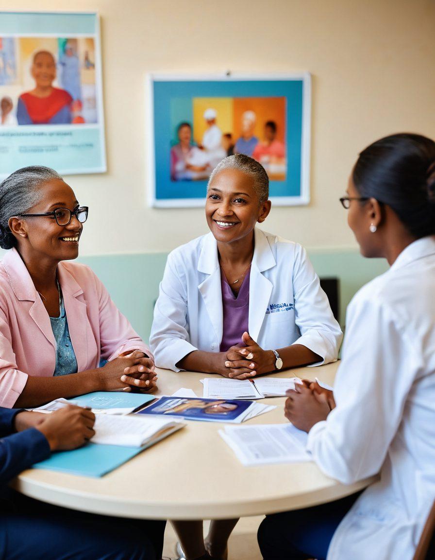 A diverse group of patients discussing their cancer journeys in a bright, supportive clinic environment, with resources like brochures and informational posters visible around them. The scene conveys hope and empowerment, featuring warm lighting and a comforting atmosphere. Include a variety of age groups and ethnicities to represent inclusiveness. super-realistic. vibrant colors. soft focus.
