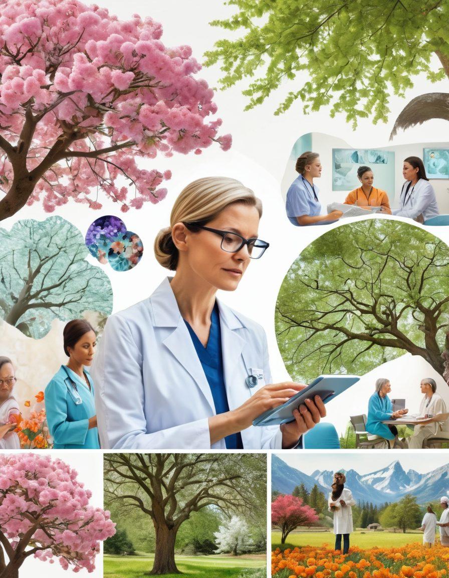 A collage of a compassionate oncologist consulting with a diverse group of patients, surrounded by vibrant images of cutting-edge technology such as MRI scans and molecular models of cancer cells. The background features serene nature elements symbolizing wellness, such as blooming flowers and sunlight filtering through trees. The overall mood should reflect hope and advanced medical care. super-realistic. vibrant colors. white background.