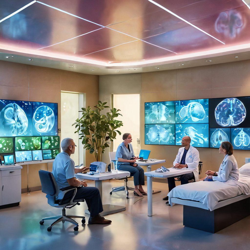 A dynamic scene showcasing a diverse group of patients interacting with advanced medical technology in an oncology clinic, featuring holographic displays of cancer research, compassionate healthcare professionals, and serene nature elements like greenery and sunlight. The atmosphere is optimistic and futuristic, emphasizing empowerment and hope in cancer care. super-realistic. vibrant colors. soft gradients.
